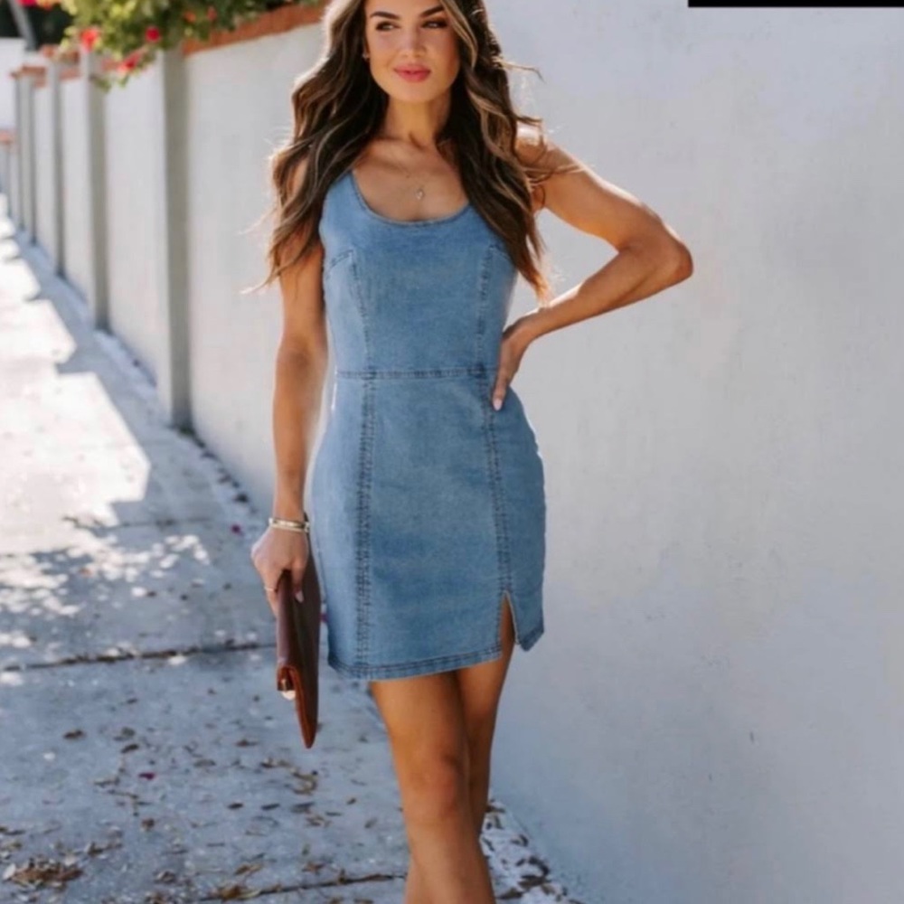 Denim mini dress with slit